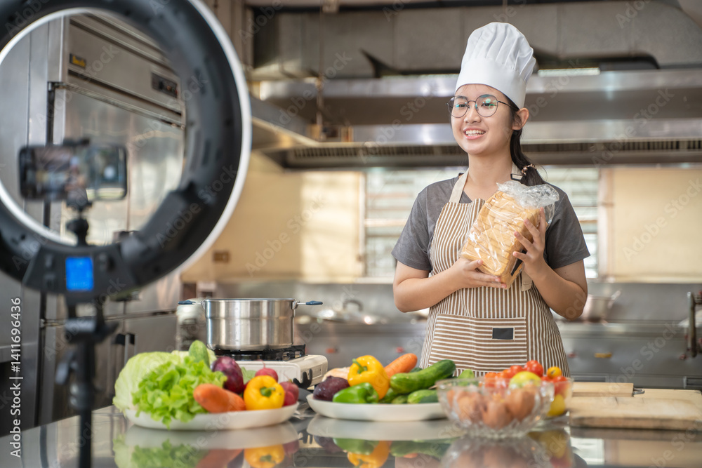 A female chef broadcasts her cooking knowledge live on a social media app on her mobile phone. A female chef broadcasts her cooking knowledge live on a social media app on her mobile phone.
