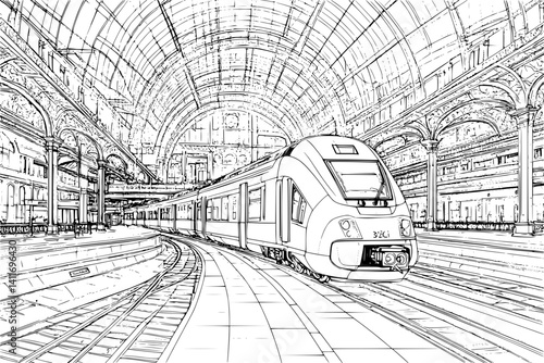 Train station coloring book interior, Train station illustration art
