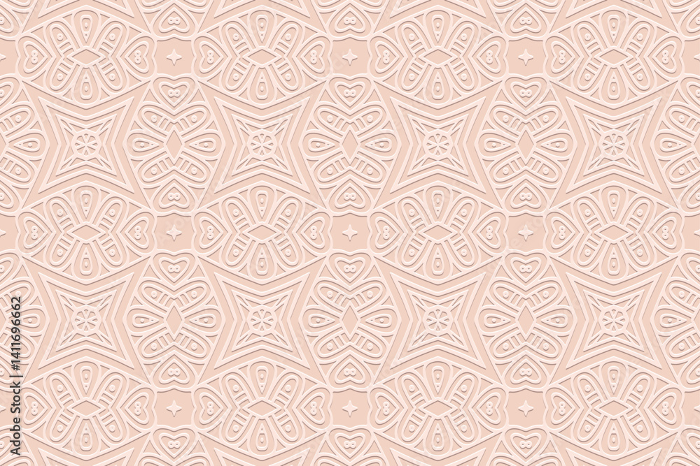 Fototapeta premium Geometric pink background, tribal cover design, banner for design. Ethnic glamour 3D pattern, art deco. Relief ornaments, arabesques, mandala. Motives of the East, Asia, India, Mexico, Aztec, Peru.
