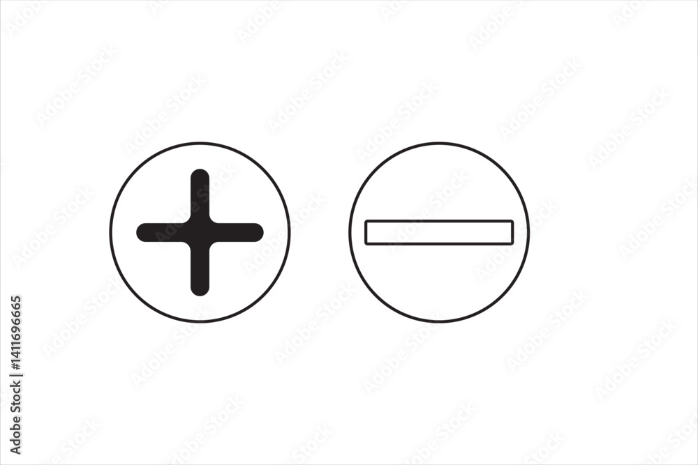 Fototapeta premium Round plus and minus icons set with different thicknesses. Vector.