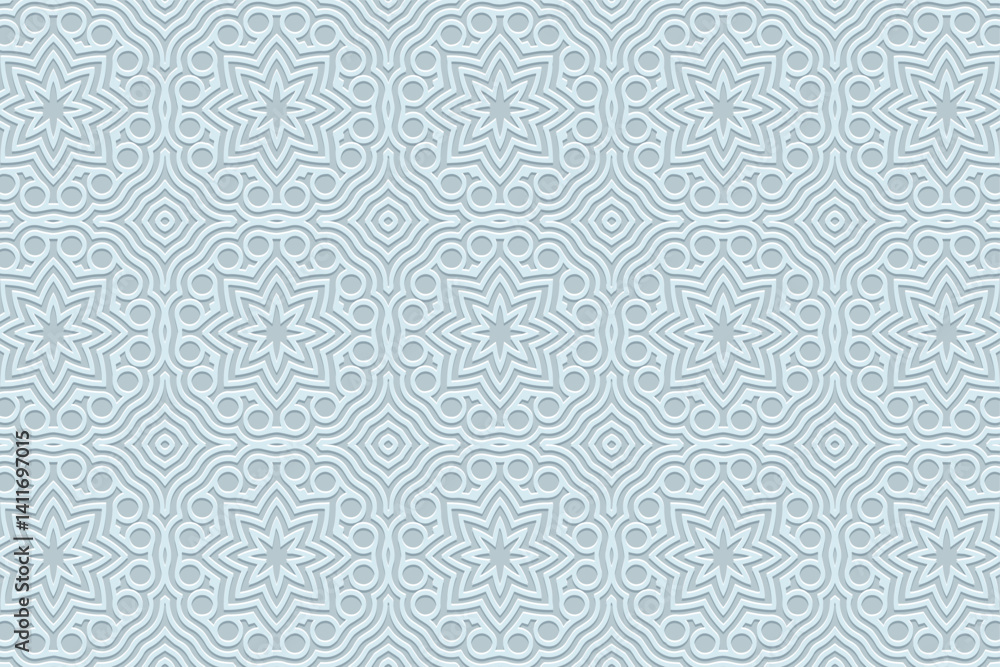 Fototapeta premium Geometric blue background, tribal cover design, banner for design. Ethnic elegant 3D pattern, art deco. Relief ornaments, arabesques, mandala. Motives of the East, Asia, India, Mexico, Aztec, Peru.