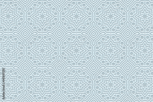 Geometric blue background, tribal cover design, banner for design. Ethnic elegant 3D pattern, art deco. Relief ornaments, arabesques, mandala. Motives of the East, Asia, India, Mexico, Aztec, Peru.