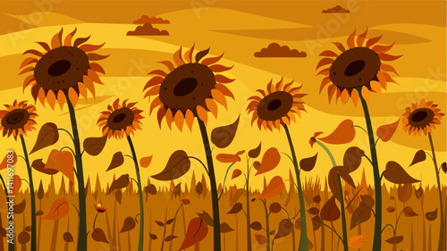 Scattered throughout the field were wilted sunflower plants their stalks bent under the weight of sunflower heads that had been scorched and left to wither in the relentless heat.. Vector illustration