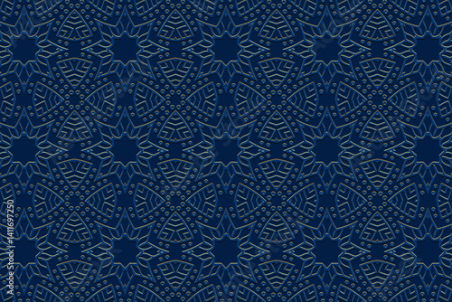 Geometric blue background, tribal cover design, banner for design. Ethnic 3D pattern with gold, art deco. Relief ornaments, arabesques, mandala. Motives of the East, Asia, India, Mexico, Aztec, Peru.