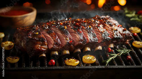 grilled meat on the barbecue -: Flaming Bbq Ribs