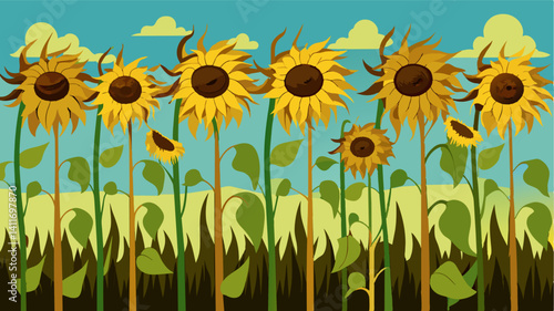 Rows upon rows of shriveled sunflowers drooped towards the ground their bright yellow petals now shriveled and brown from the intense heat.. Vector illustration