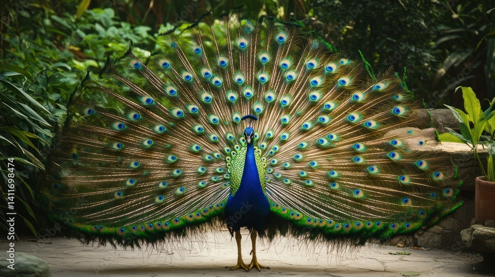 Obraz premium A Colorful Peacock Displaying Its Majestic Feathers For All To See