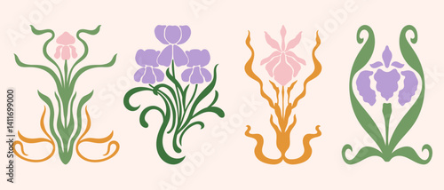 Art Nouveau style flowers vector illustrations set. Vintage abstract florals whimsical symmetric compositions