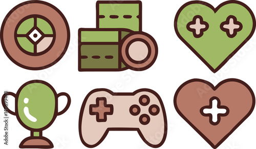 Brightly colored gaming icons featuring hearts, trophies, and controllers