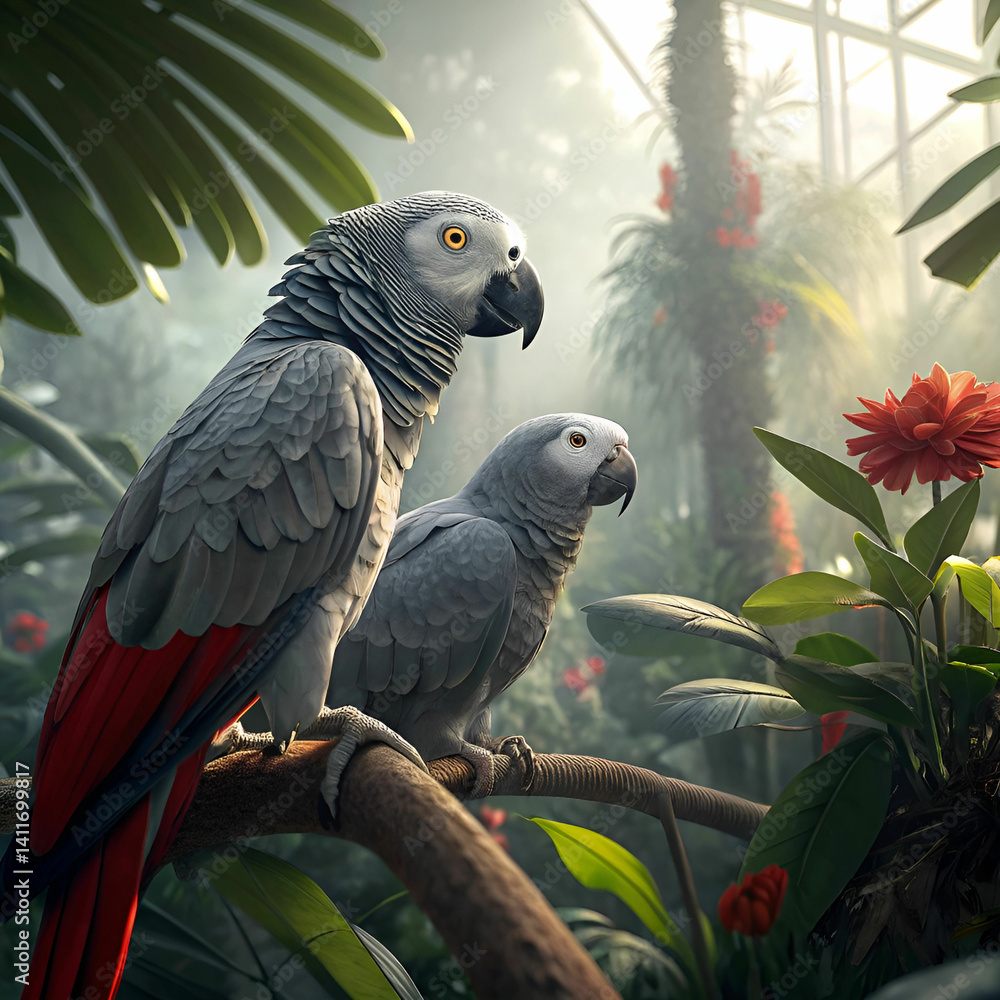 Obraz premium African grey parrots in a jungle aviary, an ultra-detailed scene with lush foliage, natural perches, and the parrots interacting in their vibrant habitat.