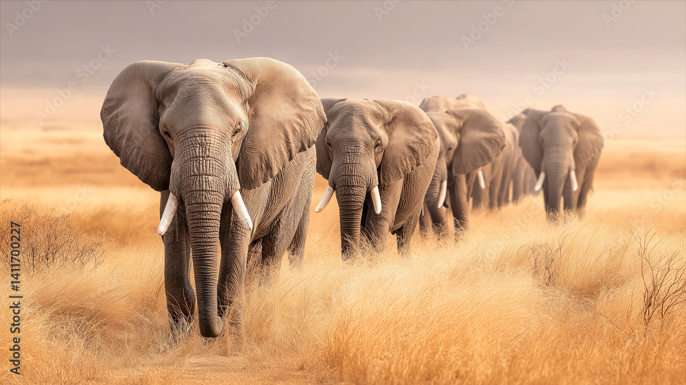 Fototapeta premium Herd of Elephants Walking Through Dry Grassland Under Cloudy Sky