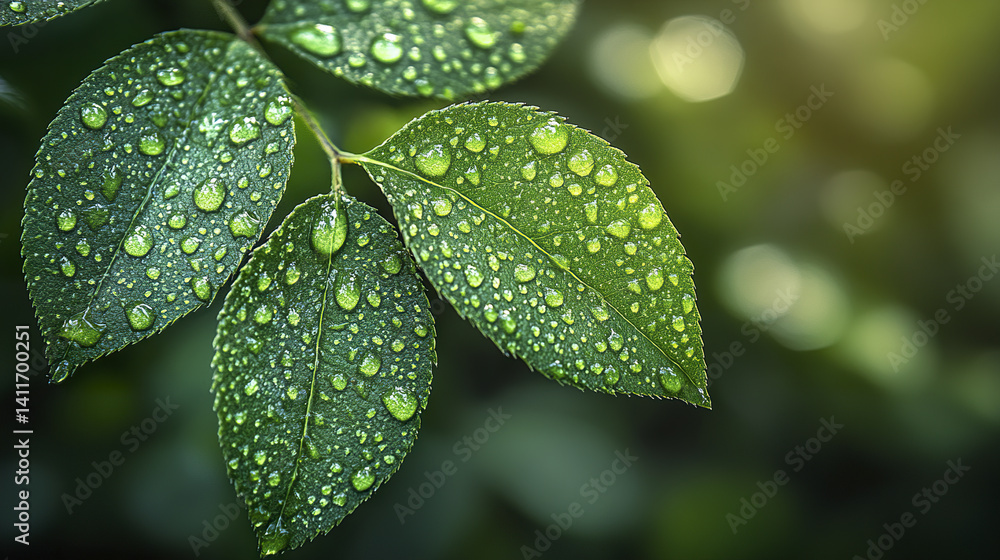 Close up of green leaves with water droplets and soft light Close up of green leaves with water droplets and soft light