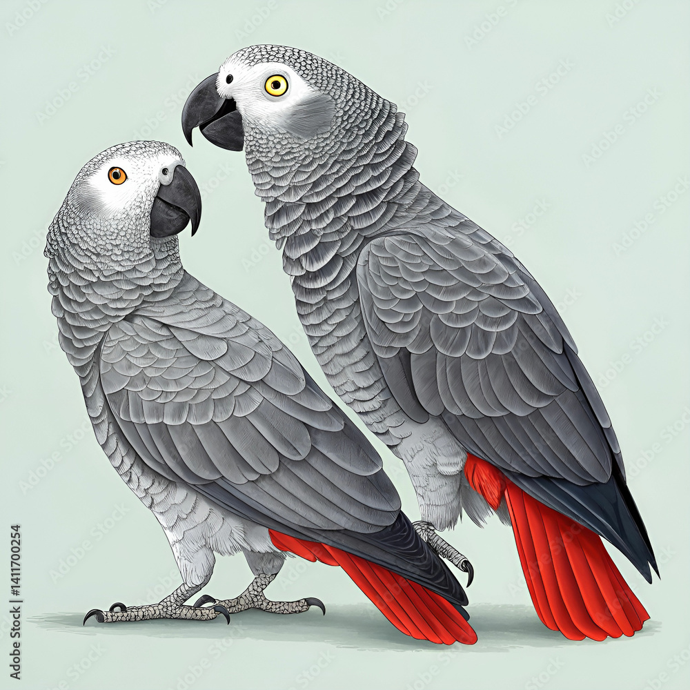 Fototapeta premium African grey parrots, ultra-detailed full-body view, showcasing their striking feathers, intelligent eyes, and vibrant colors in a natural, lifelike setting with rich textures and fine details.