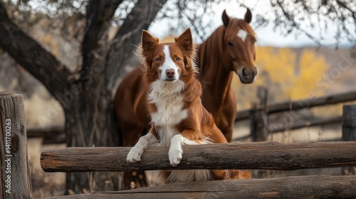 A dog and a horse are together on a farm