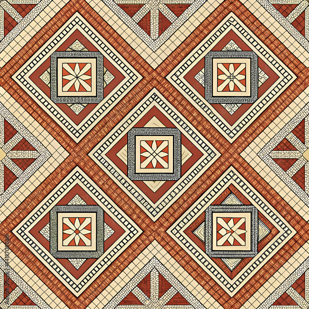 Ancient Roman mosaic tesserae pattern seamless version, showcasing detailed geometric and floral designs in earthy tones, ideal for classical decorative themes. Ancient Roman mosaic tesserae pattern seamless version, showcasing detailed geometric and floral designs in earthy tones, ideal for classical decorative themes.
