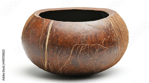 single, dark brown, polished coconut shell cut and shaped into an eco-friendly bowl, isolated on a white background. Use for sites/blogs on tropical food, sustainability, crafts, kitchenware