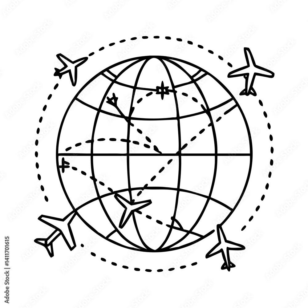 Fototapeta premium globe with airplane route icon, globe with airplane route line art - simple line art of globe with airplane route, perfect for globe with airplane route logos and icons