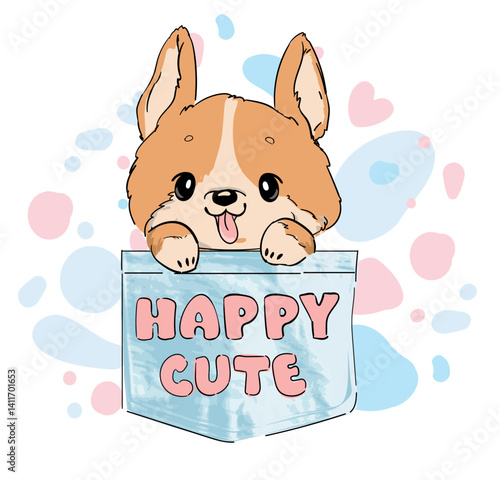 Cute happy Corgi hand drawn illustration vector, Kids Print 