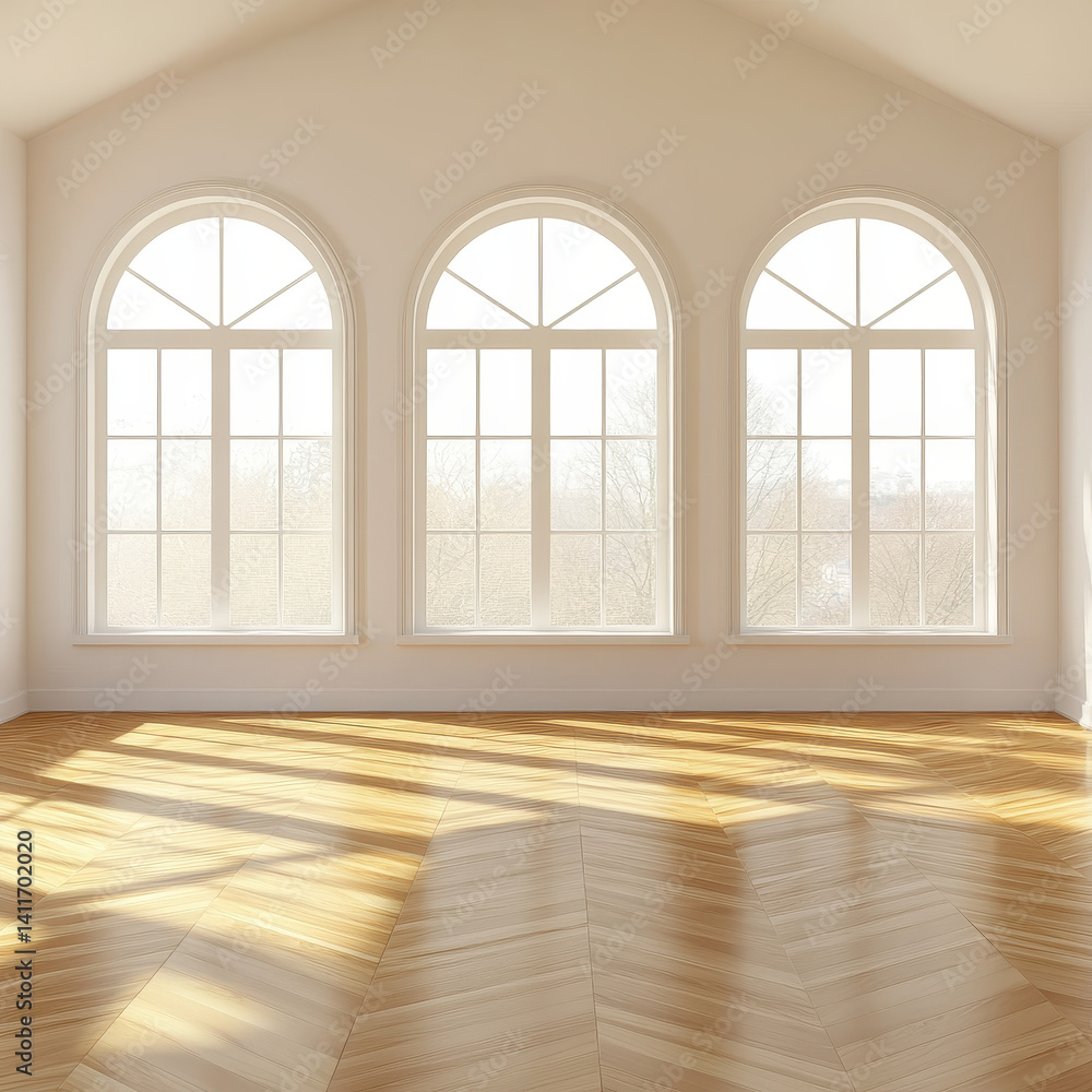 Fototapeta premium Bright and Spacious Empty Room with Arched Windows and Wooden Floor