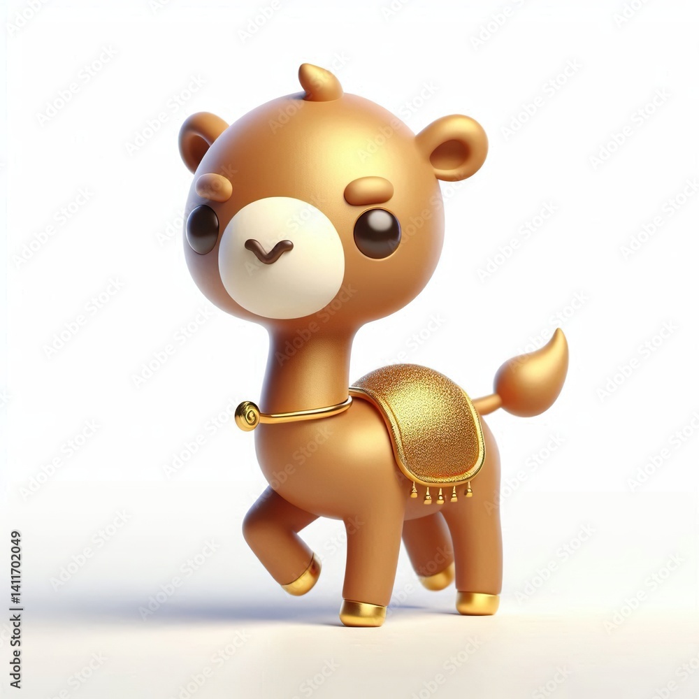 Naklejka premium Animated character 3D image of brown gold Camel, cute design, white background