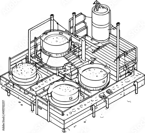 Isometric view of Aquaculture facility coloring book style, Aquaculture facility vector graphic