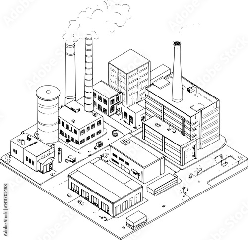 Isometric view of Factory coloring book style, Factory vector graphic