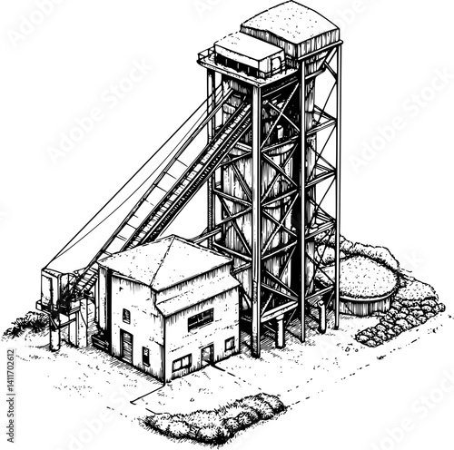 Grain elevator coloring book isometric view, Grain elevator vector graphic