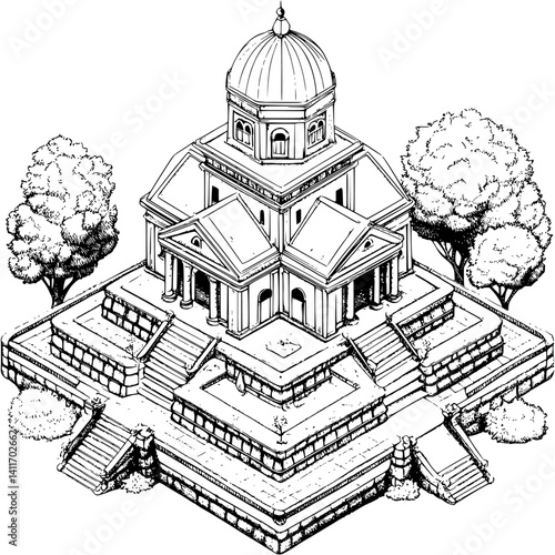 Isometric view of Library coloring book style, Library vector graphic