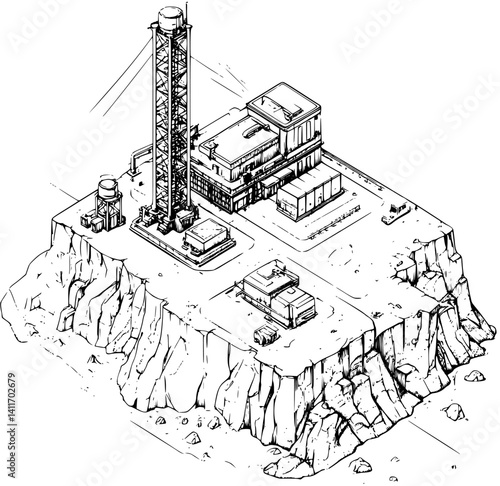 Isometric view of Mining facility coloring book style, Mining facility vector graphic