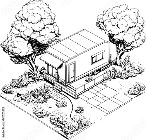 Isometric view of Mobile home coloring book style, Mobile home vector graphic