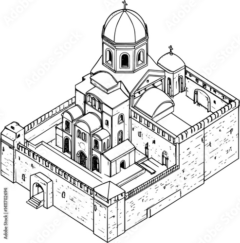 Monastery coloring book isometric view, Monastery vector graphic