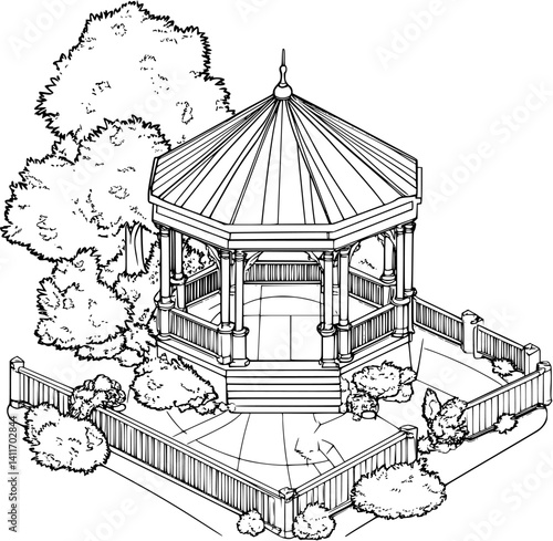 Park Pavillion coloring book isometric view, Park Pavillion vector graphic