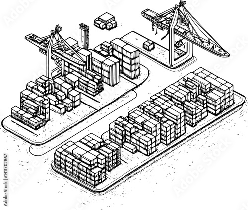 Port coloring book isometric view, Port vector graphic