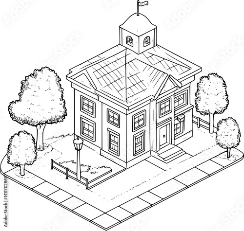 Isometric view of Police station coloring book style, Police station vector graphic