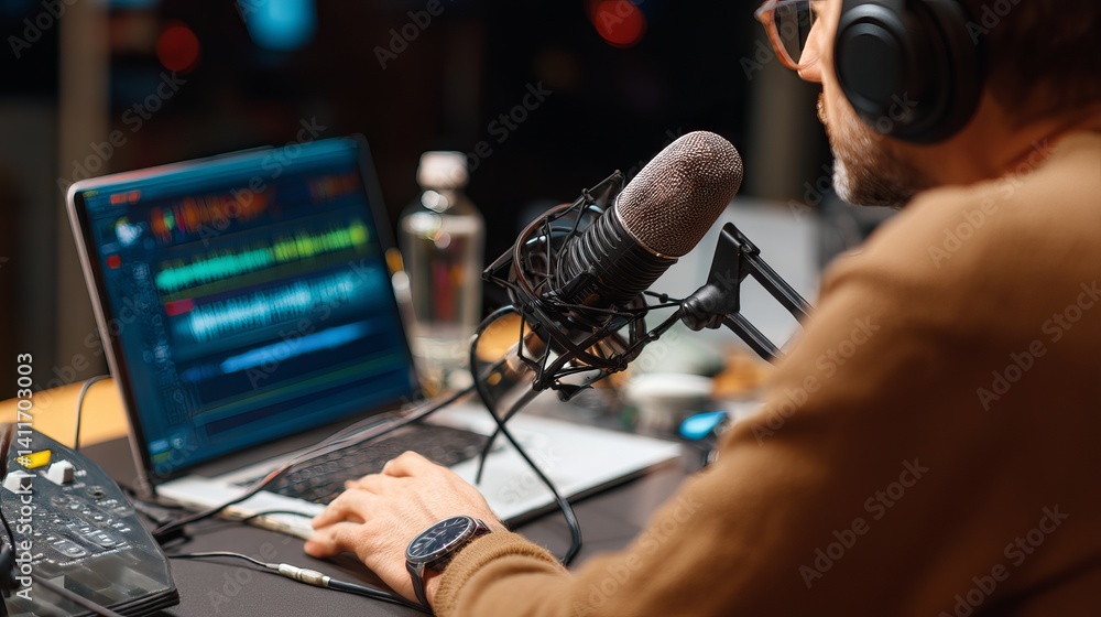 Close‑up of male podcast host live‑streaming audio show in small broadcast studio with condenser microphone, laptop, and warm ambient lighting