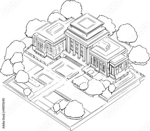 University coloring book isometric view, University vector graphic