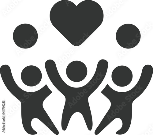 Joyful Teamwork Three Silhouette People with Heart & Balls on Transparent Background