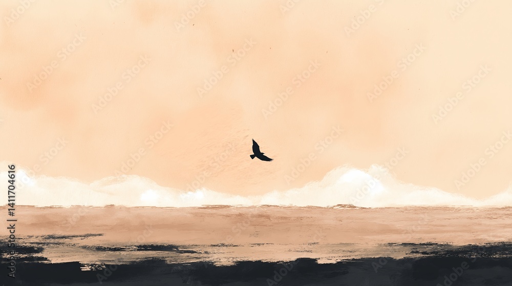 Naklejka premium Soft beige horizon with one black bird in flight