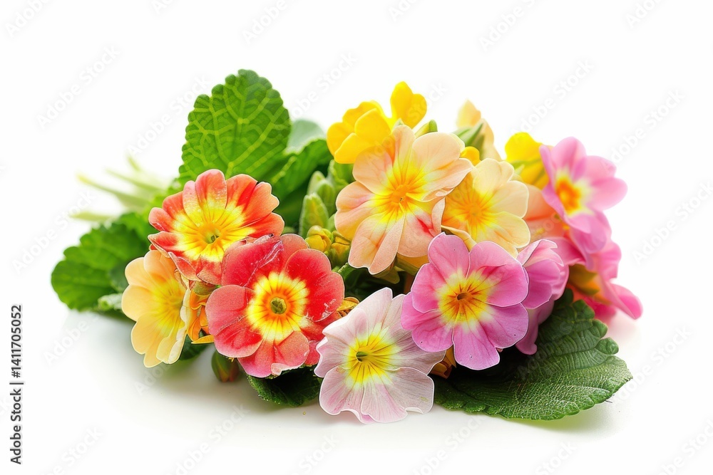 Naklejka premium A vibrant bouquet of colorful primroses resting on fresh green leaves, showcasing nature's beauty in bright spring hues isolated on transparent background