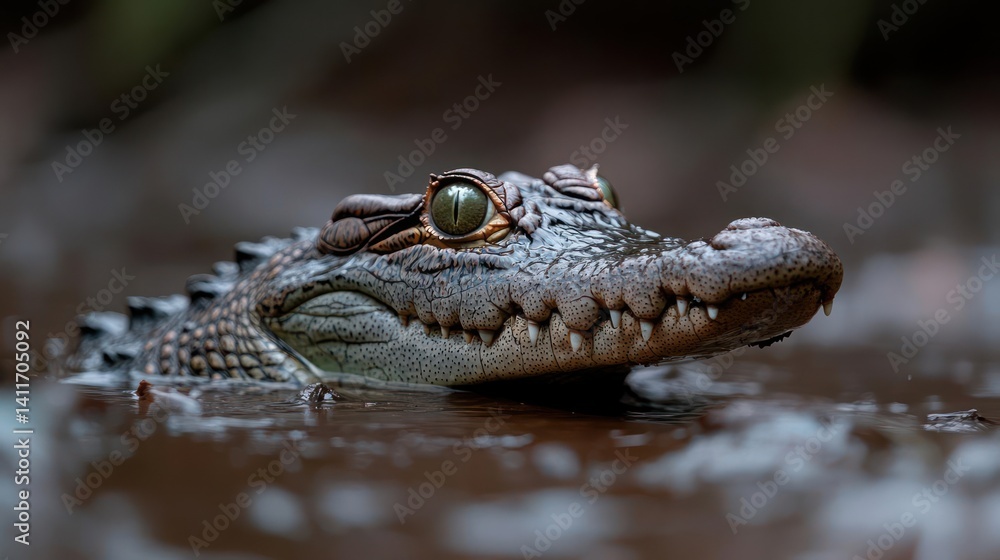 Close-up shot of a juvenile crocodile in murky water. Its head is above the water with eyes, scales, and teeth visible. Dark water and foliage in the background create a natural habitat setting Close-up shot of a juvenile crocodile in murky water. Its head is above the water with eyes, scales, and teeth visible. Dark water and foliage in the background create a natural habitat setting