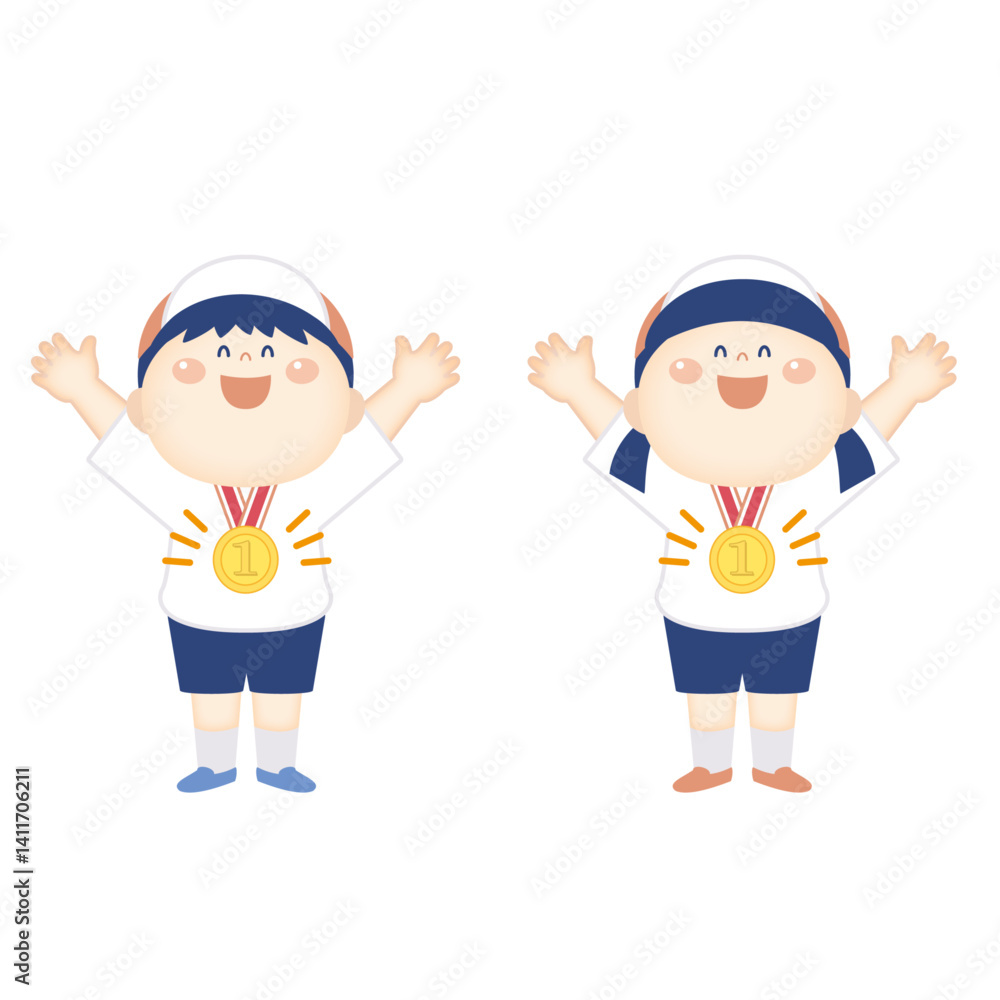 金メダルをつけて喜ぶ体操服の子供のイラスト　全身
