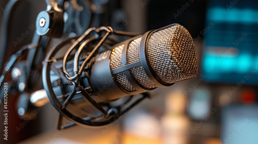 Close‑up of professional cardioid condenser microphone on boom arm in cozy home podcast studio with warm ambient lighting and blurred headphones, illustrating modern digital broadcasting