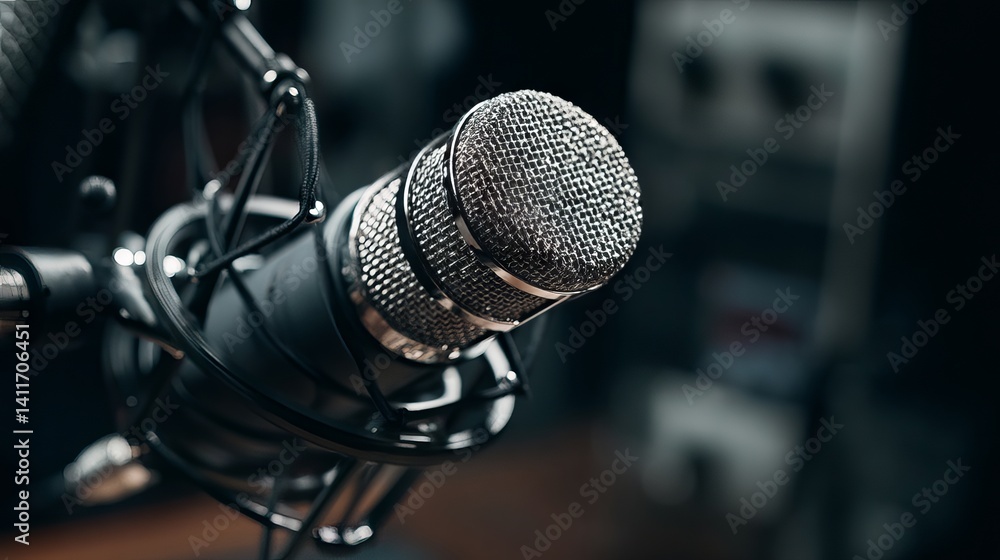 Close‑up of professional cardioid condenser microphone on boom arm in cozy home podcast studio with warm ambient lighting and blurred headphones, illustrating modern digital broadcasting