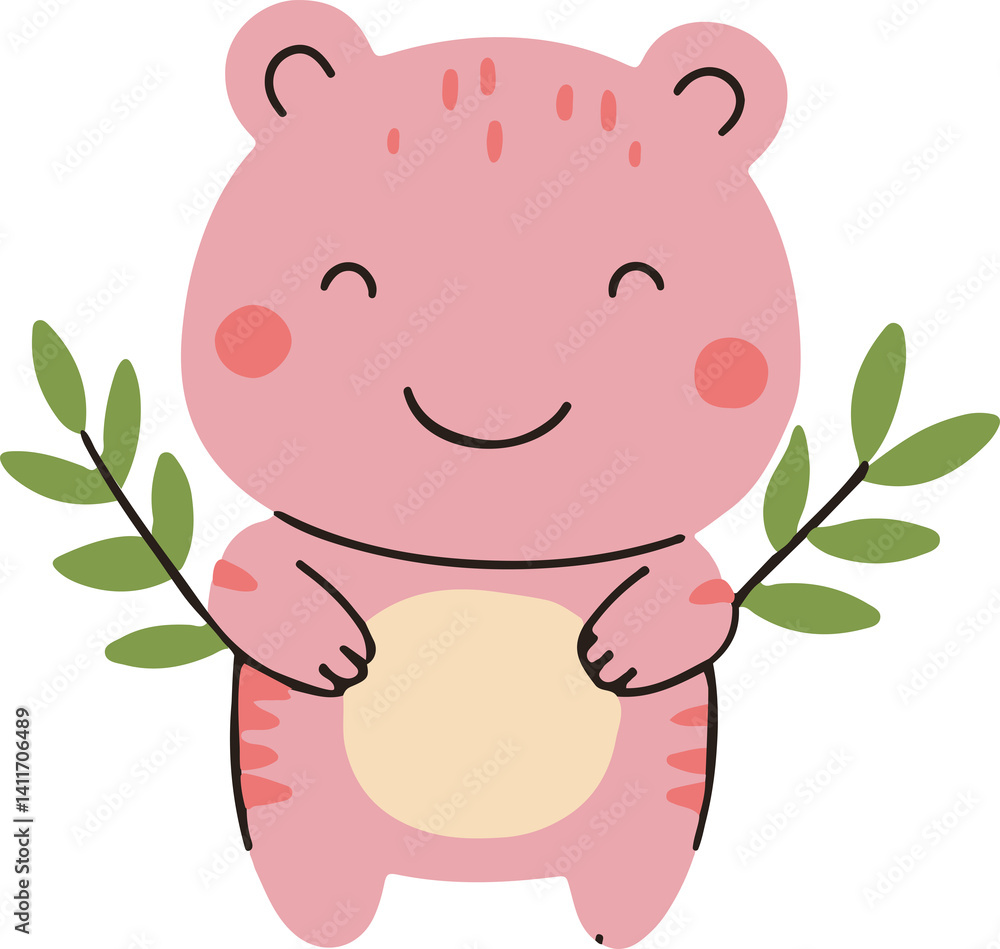 Fototapeta premium Adorable pink cartoon bear holding leafy branches, perfect for kids' illustrations, nursery art, baby shower designs, or cute animal-themed graphic projects.