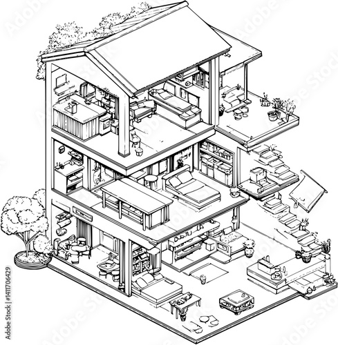 Isometric view of Co-housing building coloring book style, Co-housing building vector image