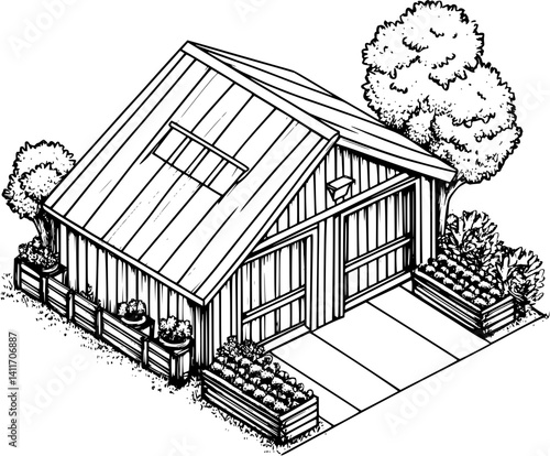 Isometric view of Farm shed coloring book style, Farm shed vector image