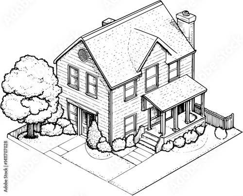 Multi-generational home coloring book isometric view, Multi-generational home vector image