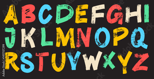 Grunge vintage font drawn with crayon or pencil. Vector kids alphabet letters with scratched texture. Hand drawn funky doodle alphabet letters colored for collages. Funny cute vector font.