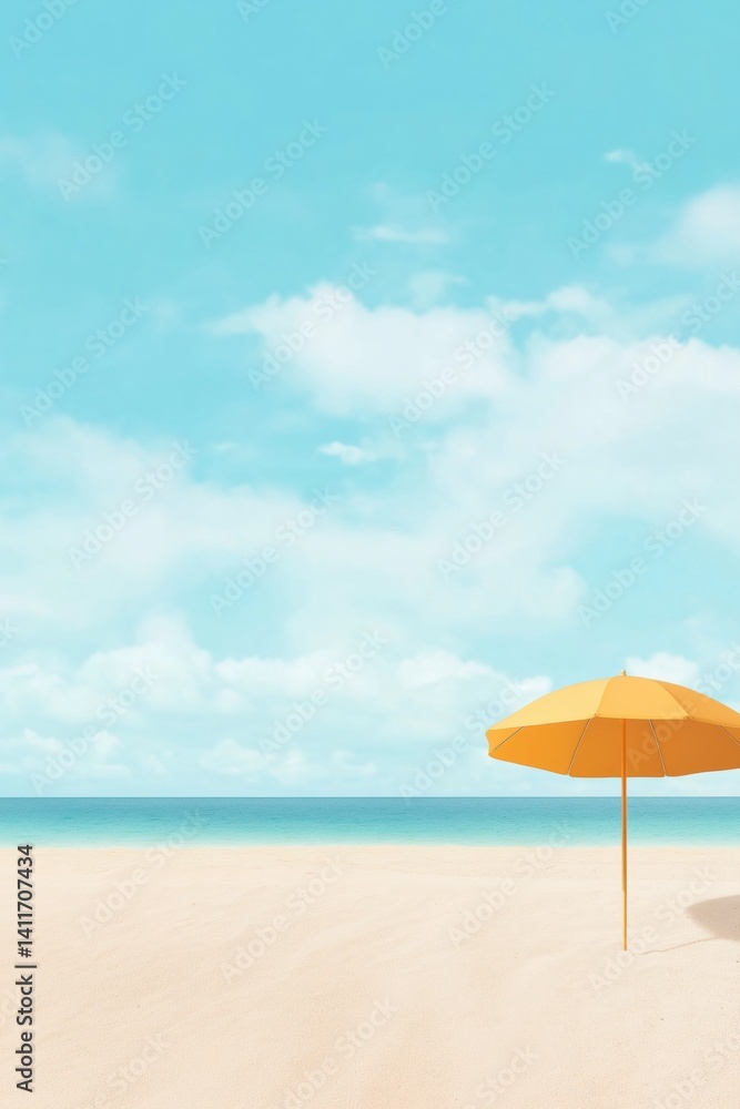 A beach scene with a yellow umbrella and a blue sky. Scene is calm and relaxing