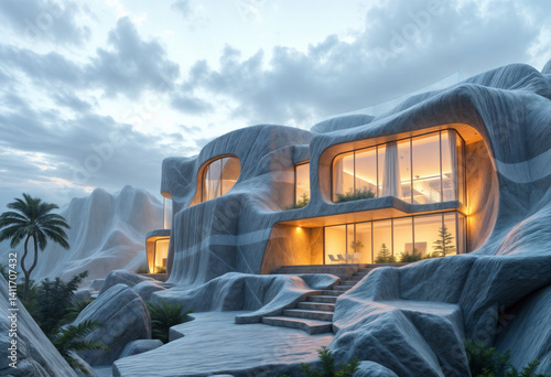 Futuristic Cliffside Villa with Sculpted Stone Facade at Dusk